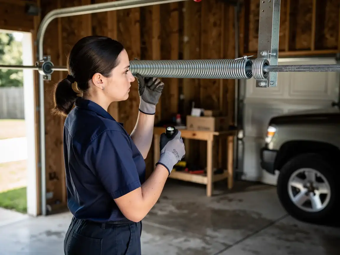 A technician inspects a garage door torsion spring with a flashlight.