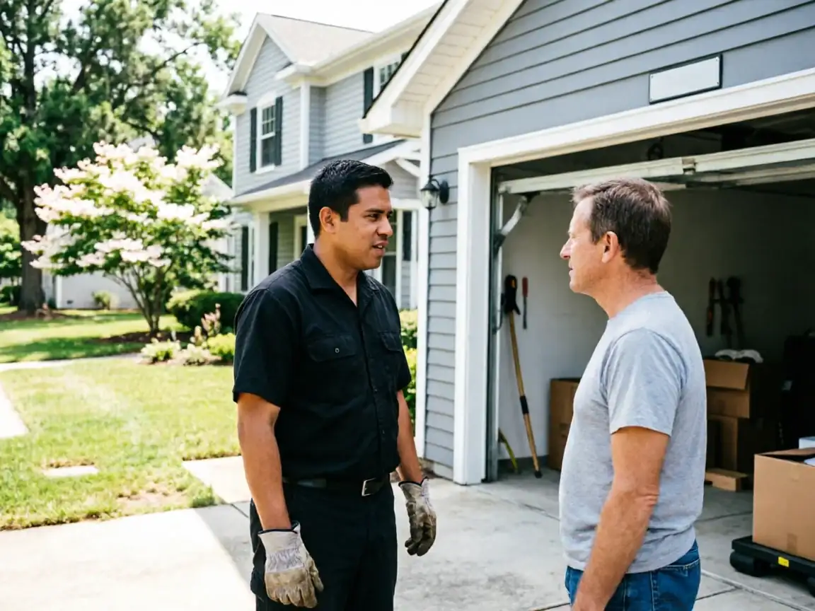 A technician in a black shirt talks to a man in a gray shirt outside a garage.
